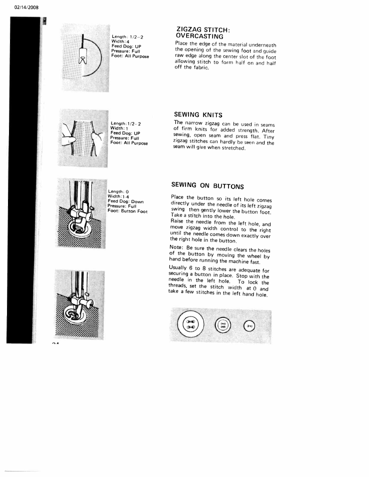 Zigzag stitch: overcasting, Sewing knits, Sewing on buttons | Sewing knits sewing on buttons | SINGER W106 User Manual | Page 24 / 44
