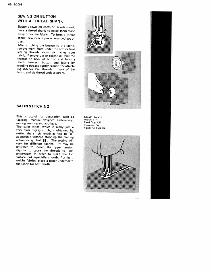 Sewing on button with a thread shank, Satin stitching | SINGER W106 User Manual | Page 25 / 44