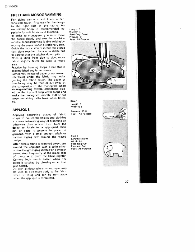 Freehand monogramming, Applique, Freehand monogramming applique | SINGER W106 User Manual | Page 27 / 44