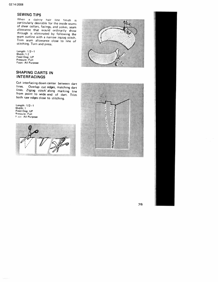 Sewing tips, Shaping darts in interfacings, Sewing tips shaping darts in interfacings | SINGER W106 User Manual | Page 29 / 44