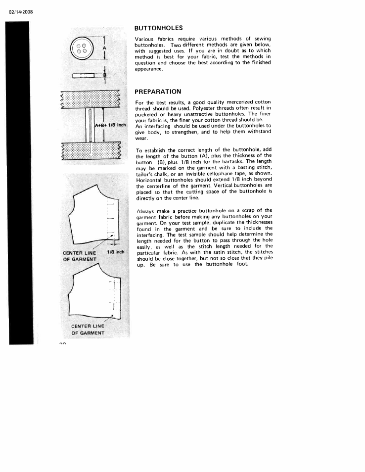 Buttonholes, Preparation | SINGER W106 User Manual | Page 30 / 44