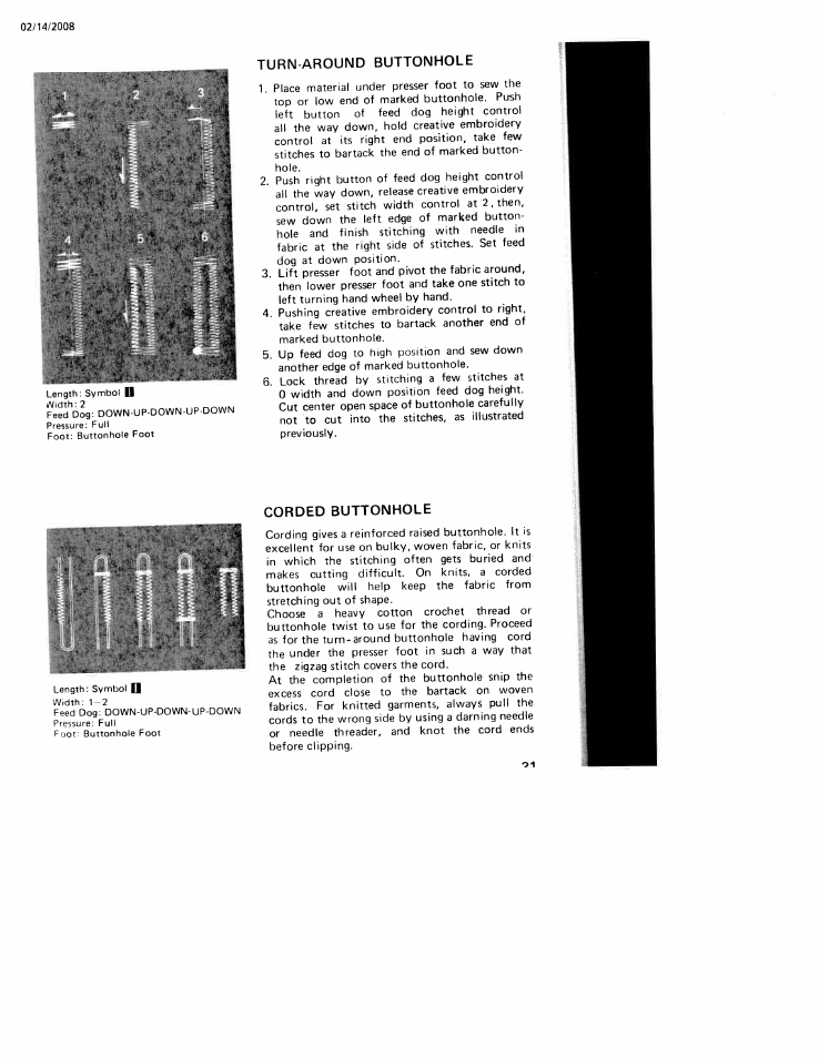 Turn-around buttonhole, Corded buttonhole, Turn around buttonhole | SINGER W106 User Manual | Page 31 / 44