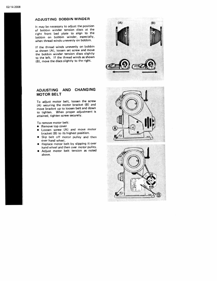 Adjusting bobbin winder, Adjusting and motor belt | SINGER W106 User Manual | Page 34 / 44