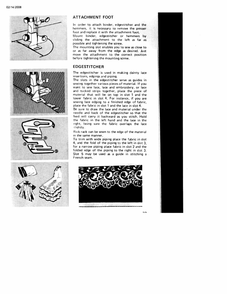 Attachment foot, Edgestitcher, Attachment foot edgestitcher | SINGER W106 User Manual | Page 37 / 44