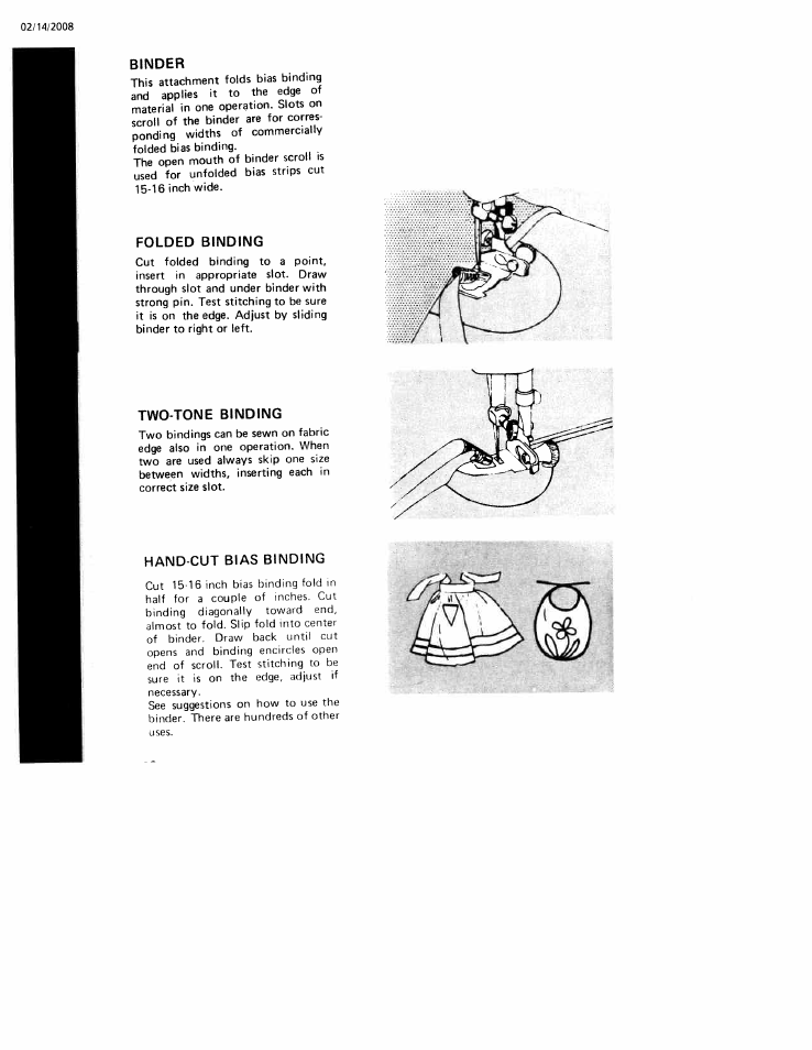 Binder, Folded binding, Two-tone binding | Hand-cut bias binding | SINGER W106 User Manual | Page 38 / 44