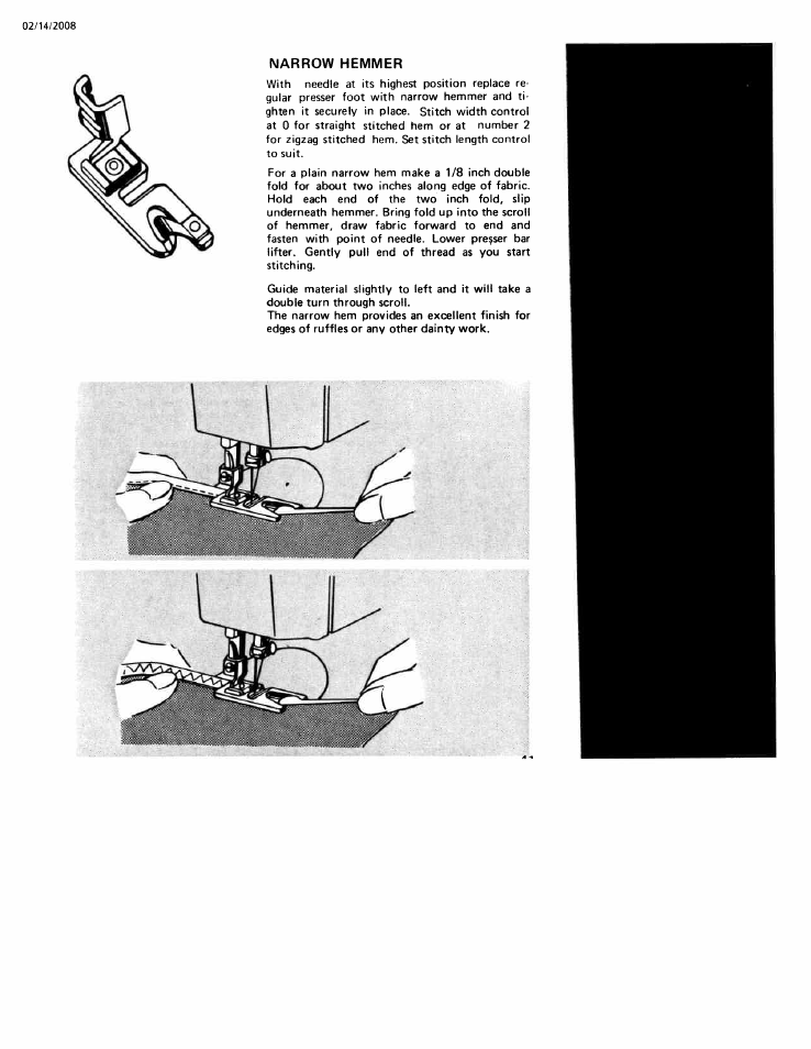 Narrow hemmer | SINGER W106 User Manual | Page 41 / 44