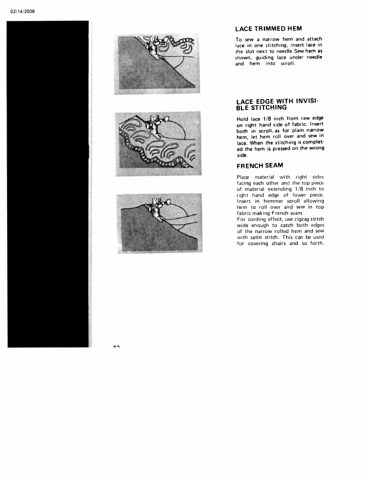 Lace trimmed нем, French seam, Lace trimmed hems | SINGER W106 User Manual | Page 42 / 44