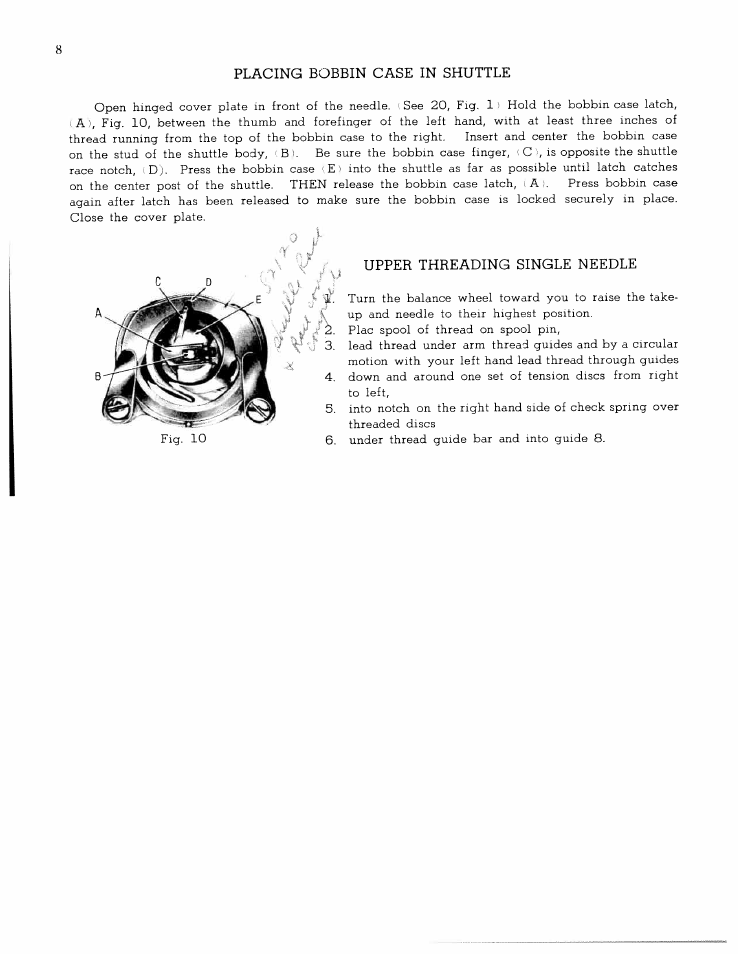 Upper threading single needle, Placing bobbin case in shuttle | SINGER W1065 User Manual | Page 10 / 51