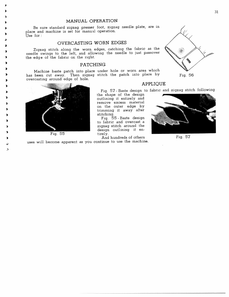 Manual operation, Overcasting worn edges, Patching | Applique | SINGER W1065 User Manual | Page 31 / 51