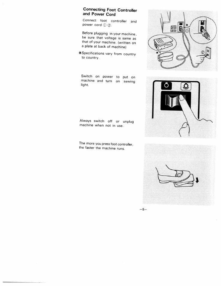 Connecting foot controller and power cord | SINGER W1122 User Manual | Page 8 / 50