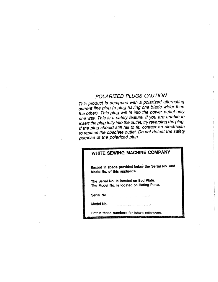 Polarized plugs caution | SINGER W1126 User Manual | Page 2 / 38