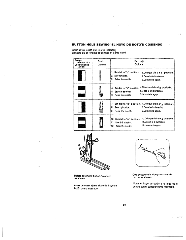 Button hole sewing/ el hoyo de boto'n cosiendo, Coloca | SINGER W1126 User Manual | Page 32 / 38