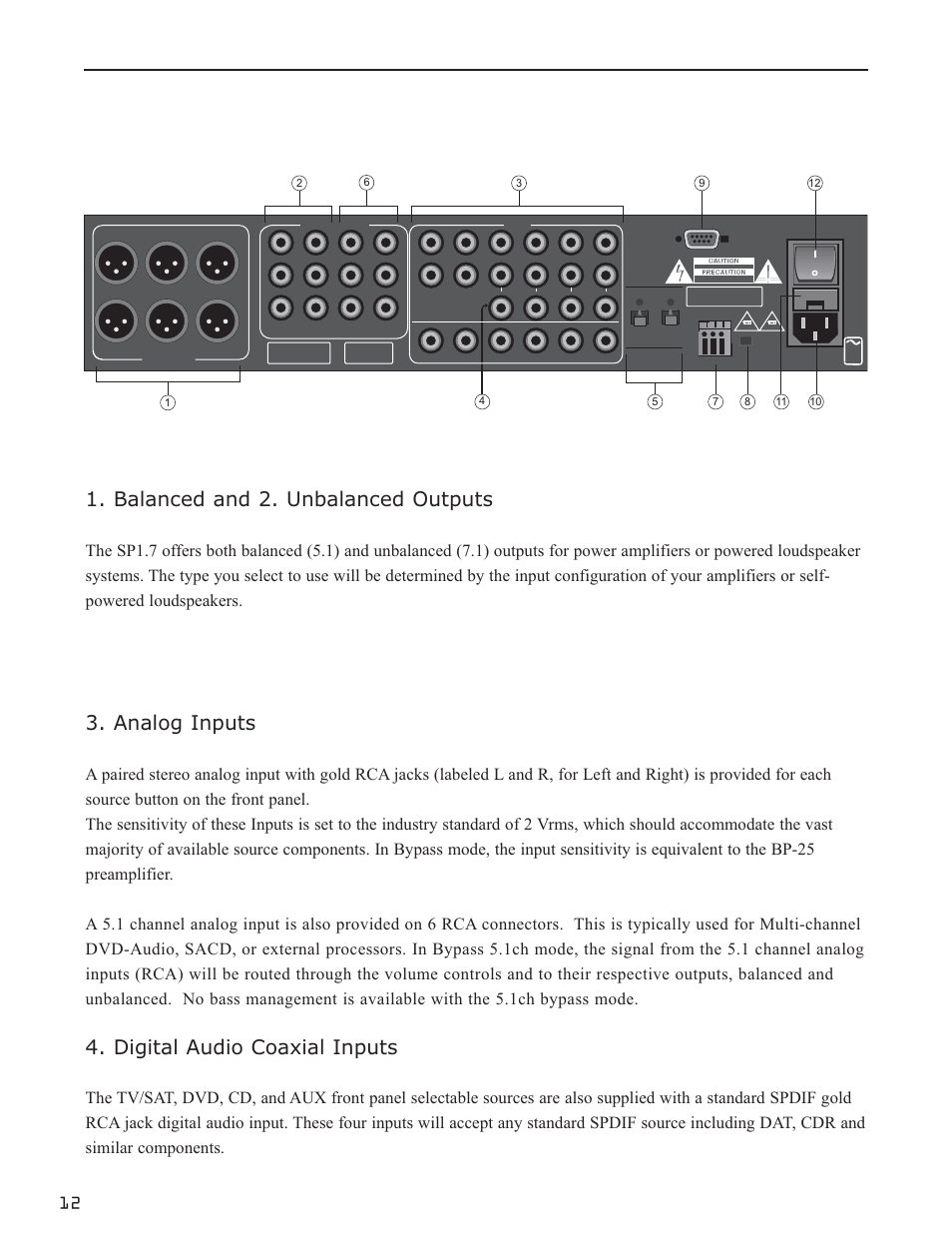 Rear panel input and output connections, Balanced and 2. unbalanced outputs, Analog inputs | Digital audio coaxial inputs, Figure 6: rear panel | Bryston SP1.7PRECISION User Manual | Page 14 / 40