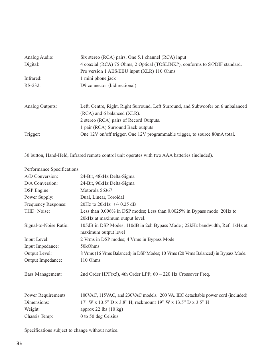 Sp1.7 specifications | Bryston SP1.7PRECISION User Manual | Page 38 / 40