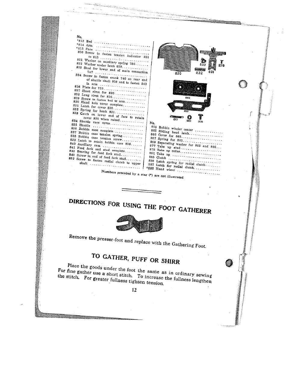 Directions for using the foot gatherer, To gather, fuff or shirr | SINGER W12 User Manual | Page 12 / 27