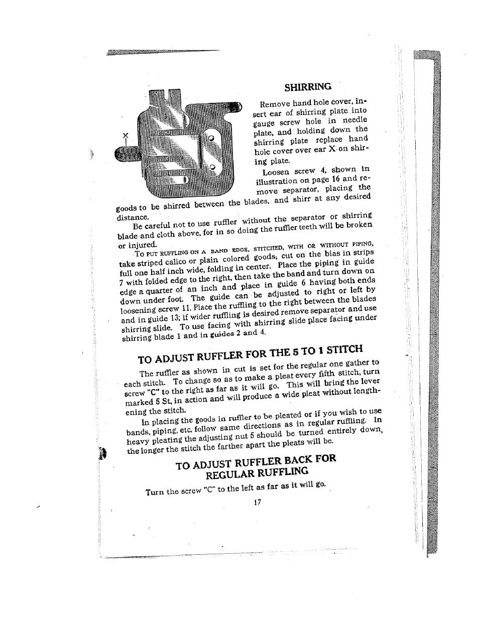Shirring, To adjust ruffler for the s to i stitch, To adjust ruffler back for regular ruffling | SINGER W12 User Manual | Page 17 / 27