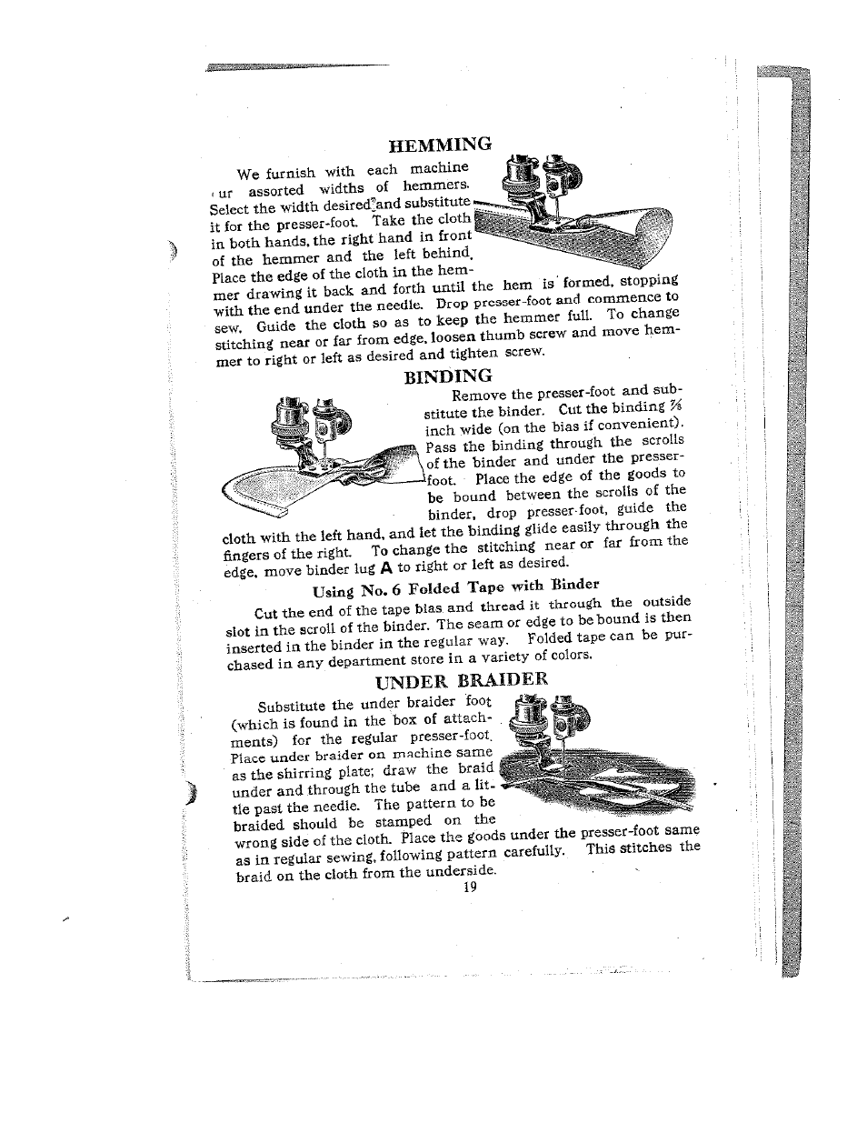 Hemming, Binding, Under braider | SINGER W12 User Manual | Page 19 / 27