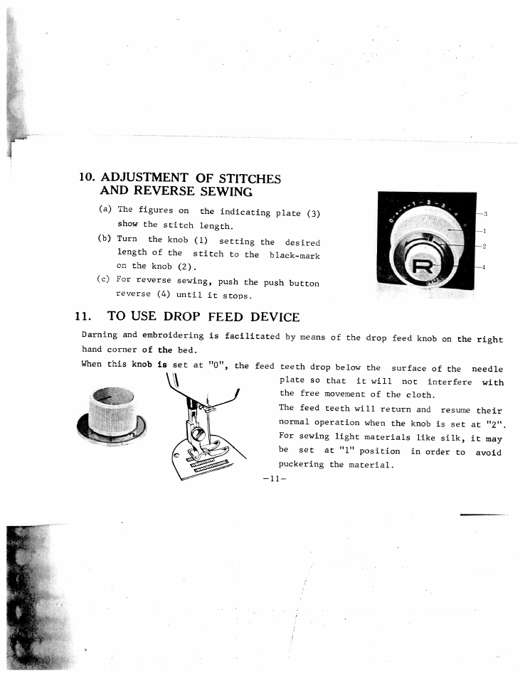 Adjustment of stitches and reverse sewing, To use drop feed device | SINGER W120 User Manual | Page 13 / 26
