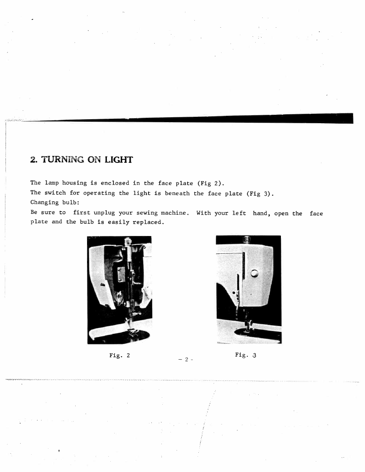 Tuening on light, Turning of light, Tuening on | SINGER W120 User Manual | Page 4 / 26