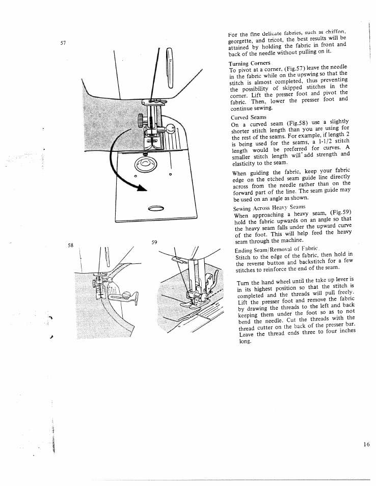 Turning corners, Sewing across heavy seams, Ending | Of fabric, Back | SINGER W1213 User Manual | Page 18 / 44