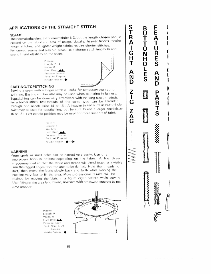 Bastiimg/topstitching, Darning, Pa r t s | SINGER W1220 User Manual | Page 17 / 39