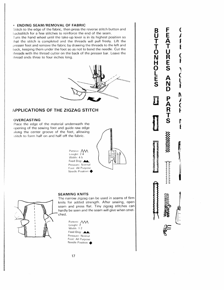 Ending seam/removal of fabric, Applications of the zigzag stitch, Overcasting | Seaming knits | SINGER W1220 User Manual | Page 19 / 39