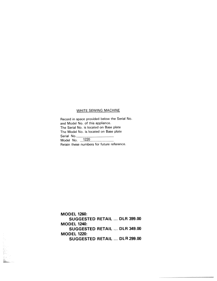 Model 1260, Suggested retail . model 1240, Suggested retail . model 1220 | Suggested retail | SINGER W1220 User Manual | Page 2 / 39