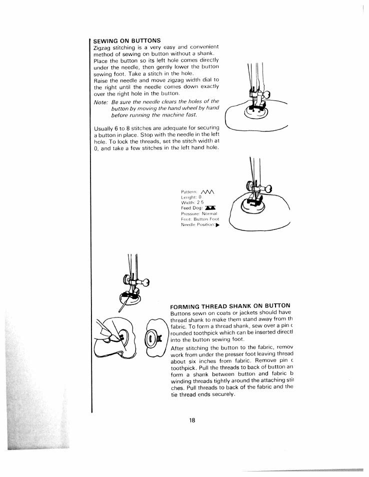 Sewing on buttons, Forming thread shank on button | SINGER W1220 User Manual | Page 20 / 39