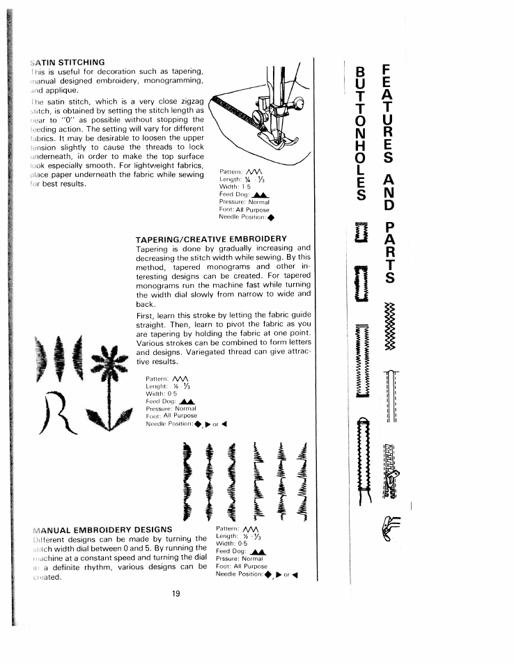 Atiim stitching, Tapering/creative embroidery, Manual embroidery designs | SINGER W1220 User Manual | Page 21 / 39