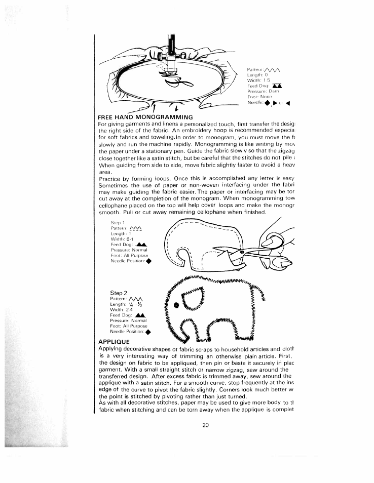 Free hand monogramming, Applique | SINGER W1220 User Manual | Page 22 / 39