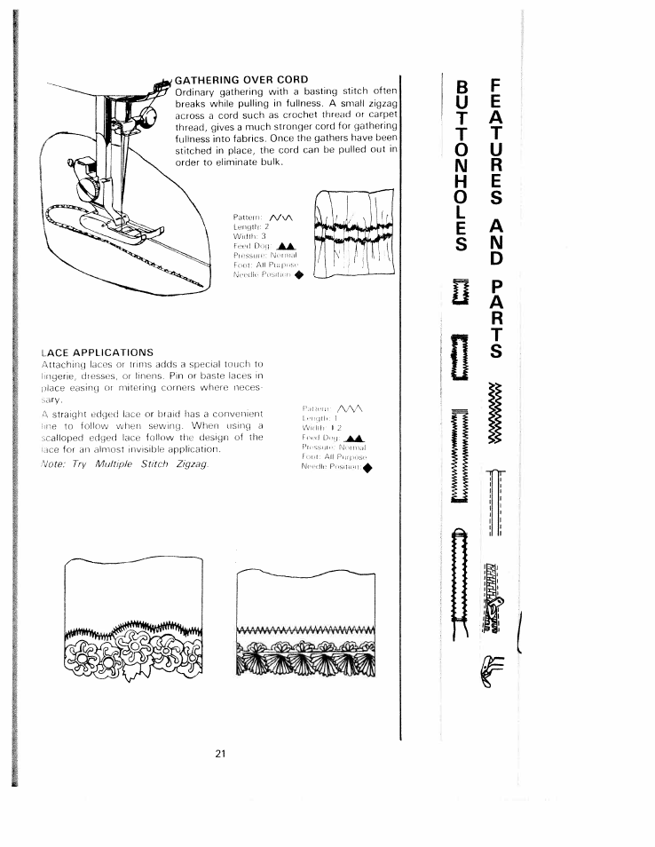 Gathering over cord, Lace applications | SINGER W1220 User Manual | Page 23 / 39