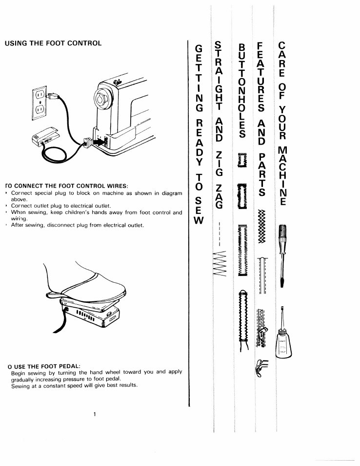 Ro connect the foot control wires, 0 use the foot pedal | SINGER W1220 User Manual | Page 3 / 39
