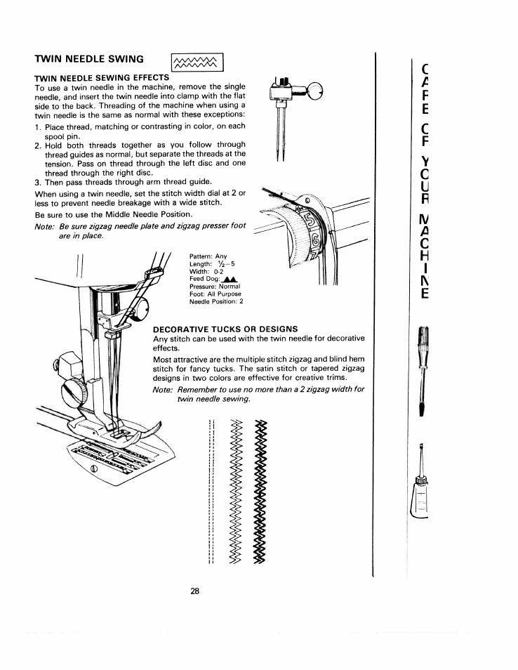 Twin needle sewing effects, Decorative tucks or designs, Ch i | SINGER W1220 User Manual | Page 30 / 39