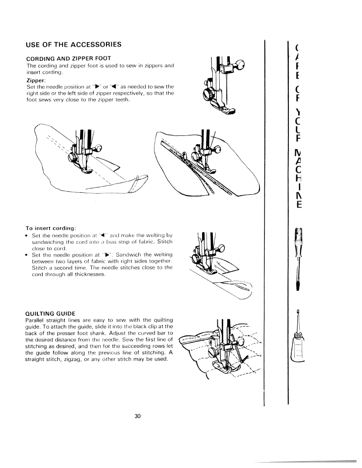 Cording and zipper foot, To insert cording, Quilting guide | Cl f | SINGER W1220 User Manual | Page 32 / 39