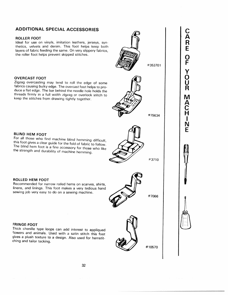 Additional special accessories, Roller foot, Overcast foot | Blind hem foot, Rolled hem foot, Fringe-foot, Ac h | SINGER W1220 User Manual | Page 34 / 39