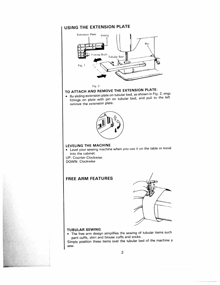 Leveling the machine, Free arm features, Tubular sewing | Using the extension plate | SINGER W1220 User Manual | Page 4 / 39