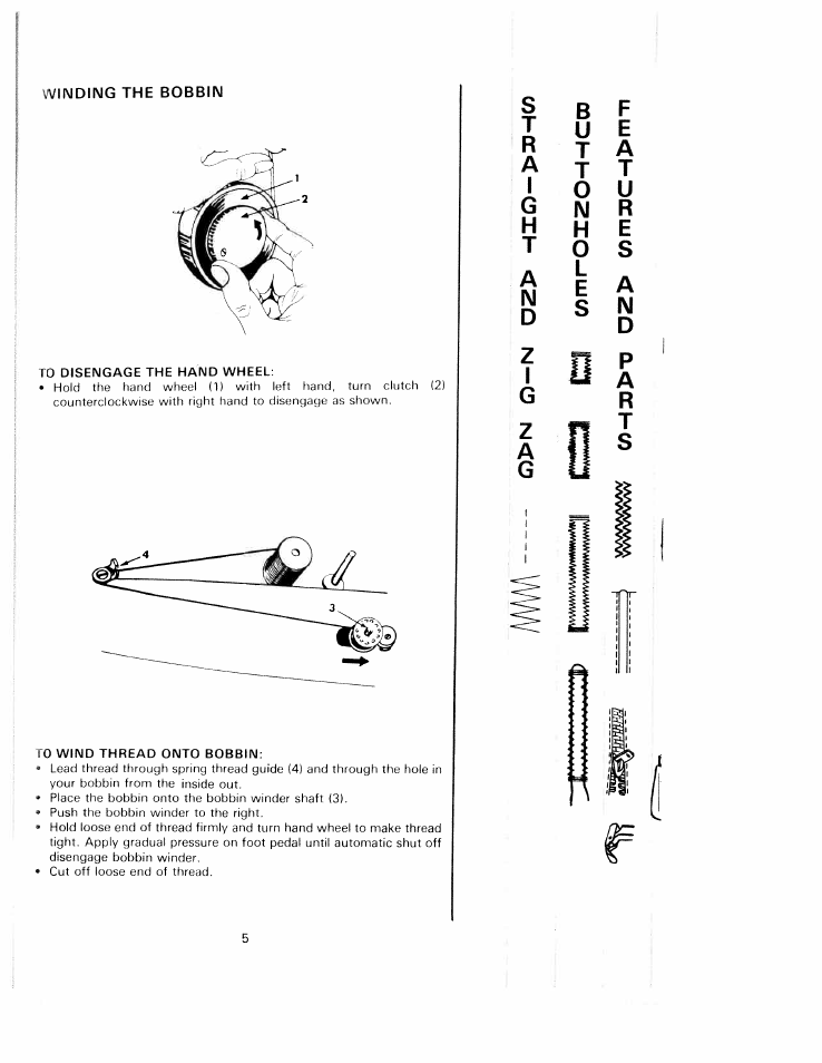 Winding the bobbin, To disengage the hand wheel, To wind thread onto bobbin | SINGER W1220 User Manual | Page 7 / 39