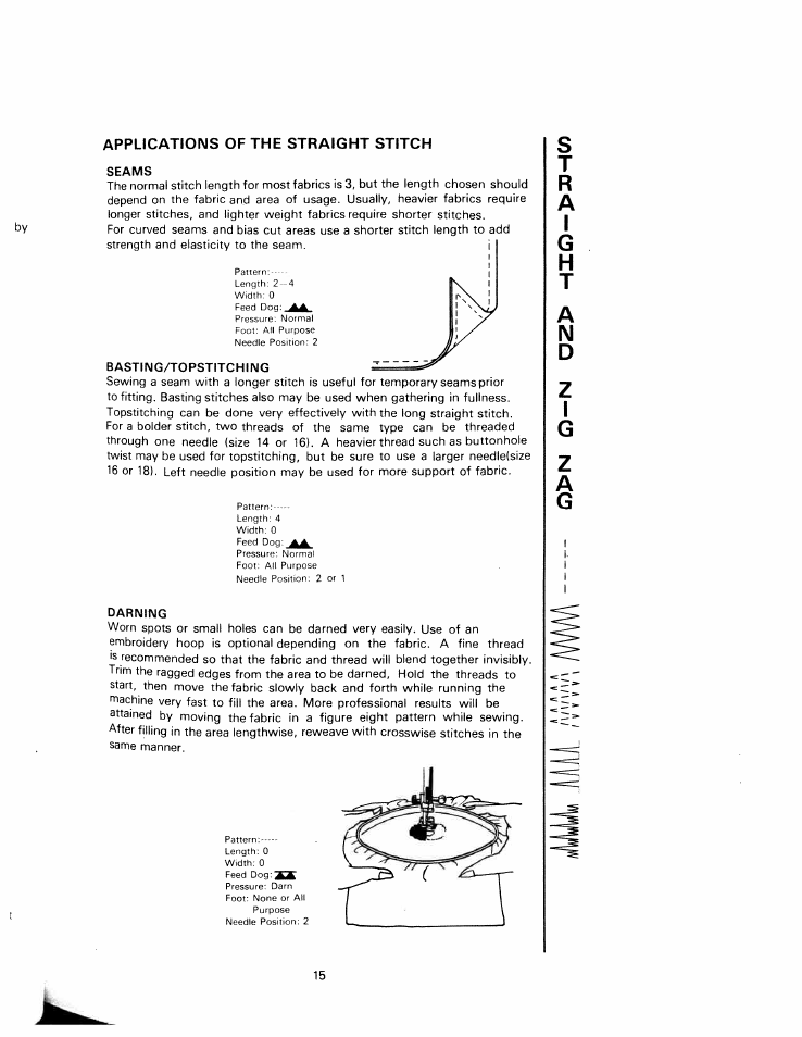 Applications of the straight stitch, Seams, Basting/topstitching | Darning | SINGER W1240 User Manual | Page 16 / 49