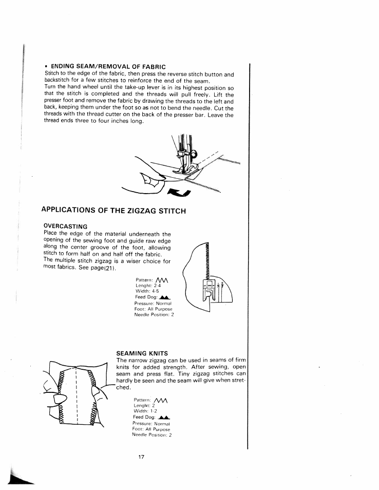 Ending seam/removal of fabric, Overcasting, Seaming knits | SINGER W1240 User Manual | Page 18 / 49