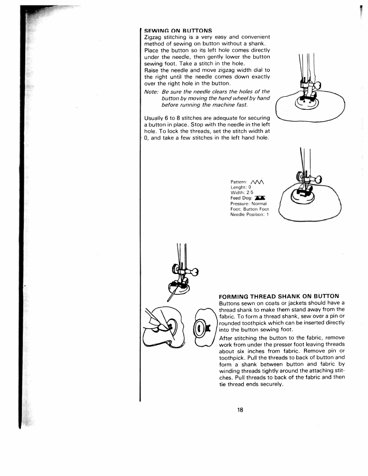 Sewing on buttons, Forming thread shank on button | SINGER W1240 User Manual | Page 19 / 49