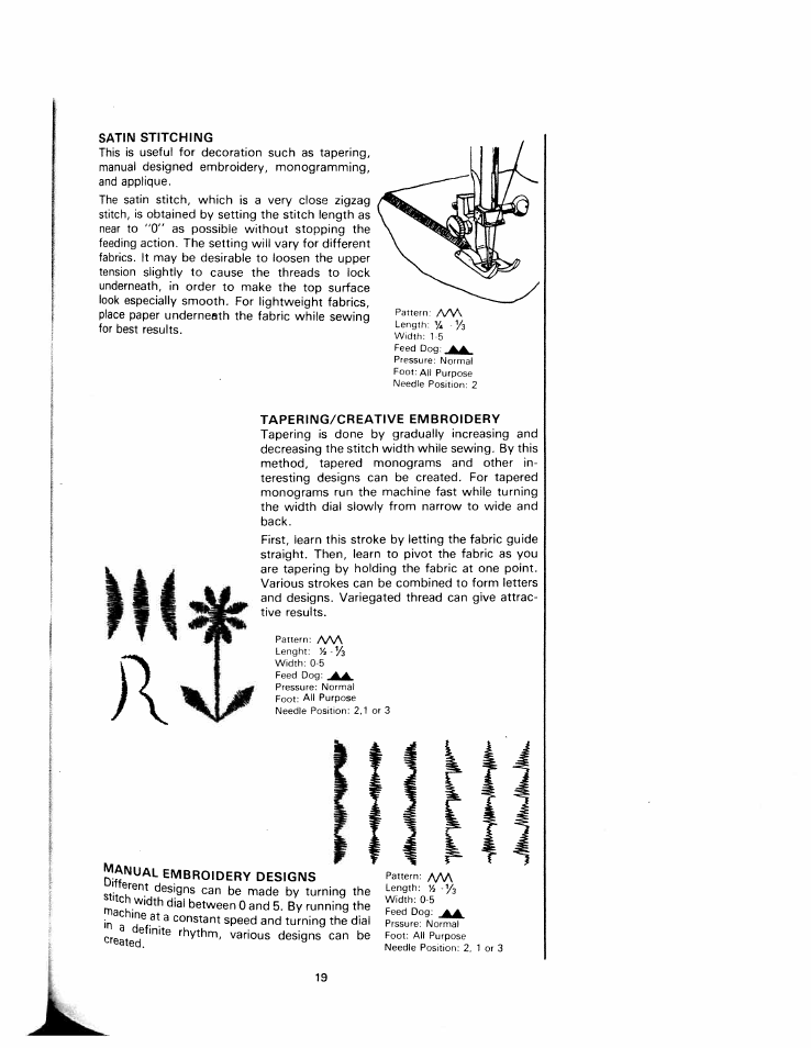 Satin stitching, Tapering/creative embroidery | SINGER W1240 User Manual | Page 20 / 49