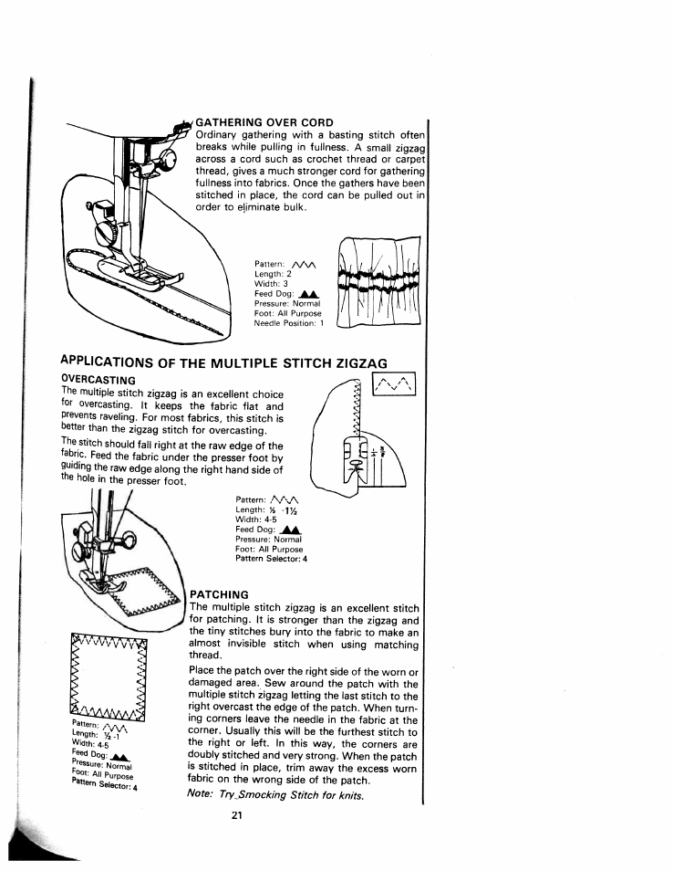 Gathering over cord, Overcasting, Patching | SINGER W1240 User Manual | Page 22 / 49