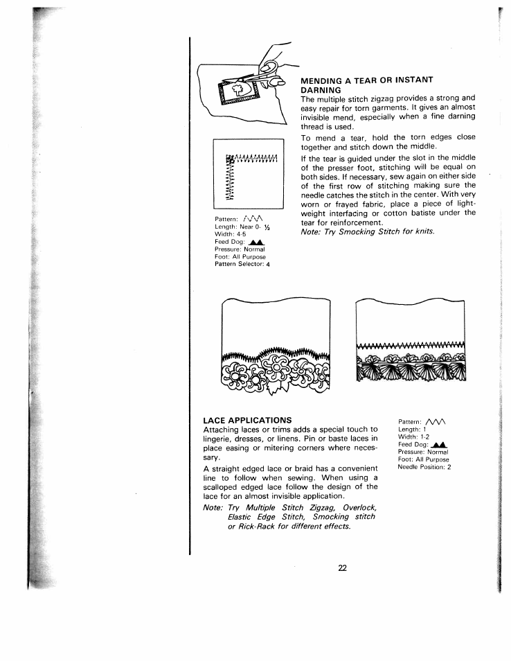 Mending a tear or instant darning, Lace applications | SINGER W1240 User Manual | Page 23 / 49