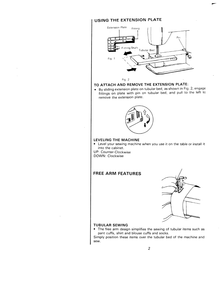 To attach and remove the extension plate, Leveling the machine, Free arm features | Tubular sewing | SINGER W1240 User Manual | Page 3 / 49