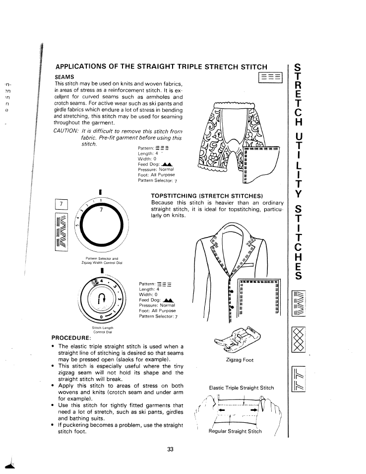 Applications of the straight triple stretch stitch, Seams, Topstitching (stretch stitches) | Procedure | SINGER W1240 User Manual | Page 34 / 49