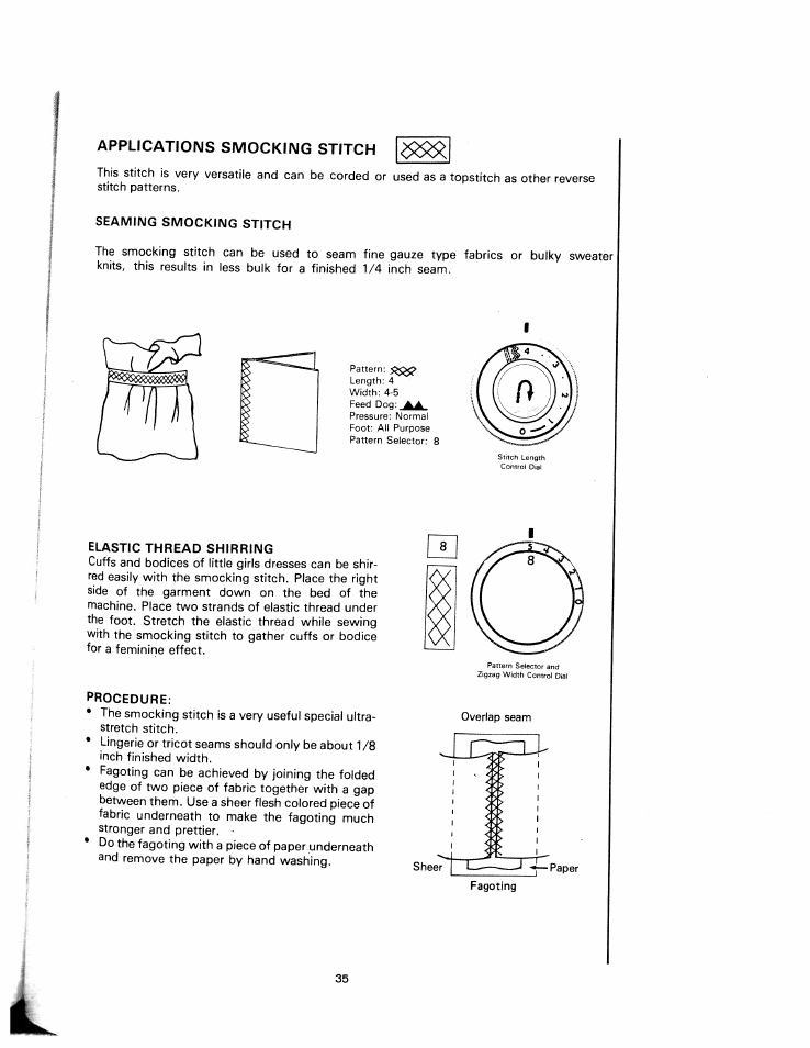 Applications smocking stitch, Seaming smocking stitch, Elastic thread shirring | Procedure | SINGER W1240 User Manual | Page 36 / 49