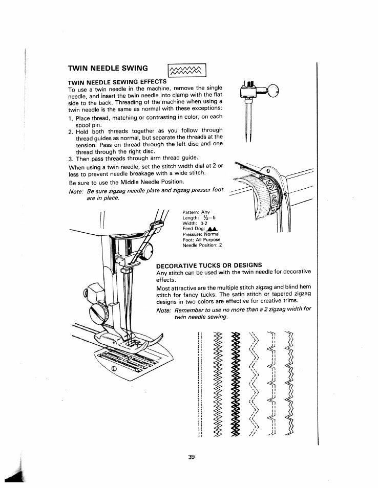 Twin needle swing, Twin needle sewing effects, Decorative tucks or designs | SINGER W1240 User Manual | Page 40 / 49