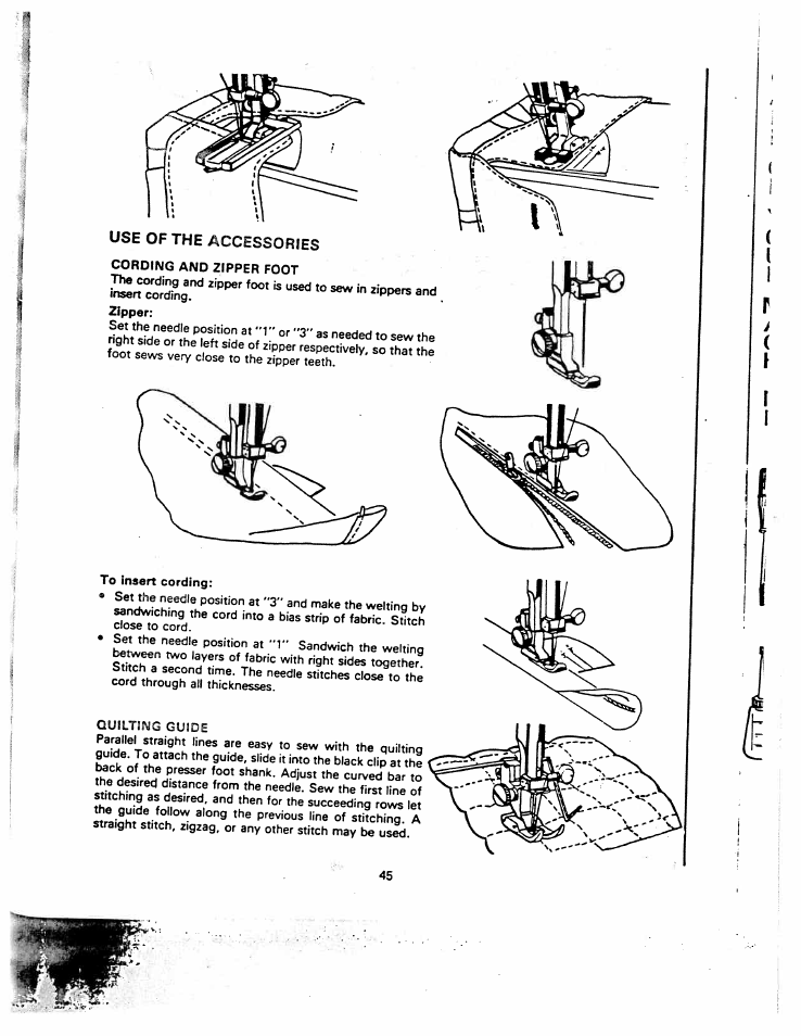 Use of the accessories, Ssss, To insert cording | SINGER W1260 User Manual | Page 47 / 54