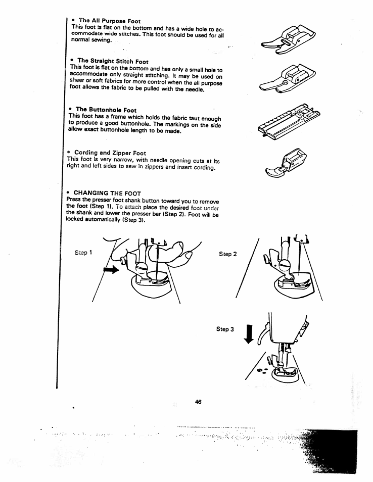 The straight stitch foot, The buttonhole foot, Changing the foot | SINGER W1260 User Manual | Page 48 / 54