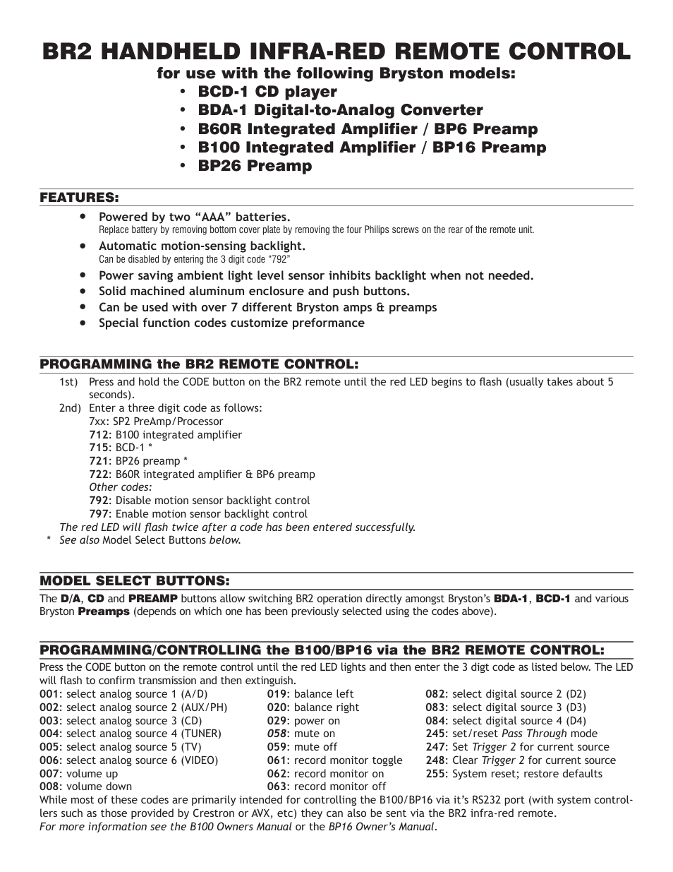 Br2 handheld infra-red remote control | Bryston BR2 User Manual | Page 2 / 4